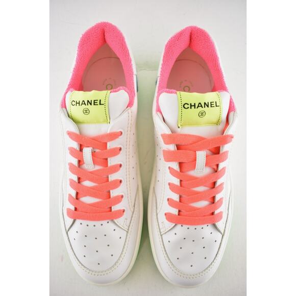 Chanel Mens 20P White Multicolor Neon CC Logo Flat Runner Trainer Sneaker 44 11 - Picture 7 of 12
